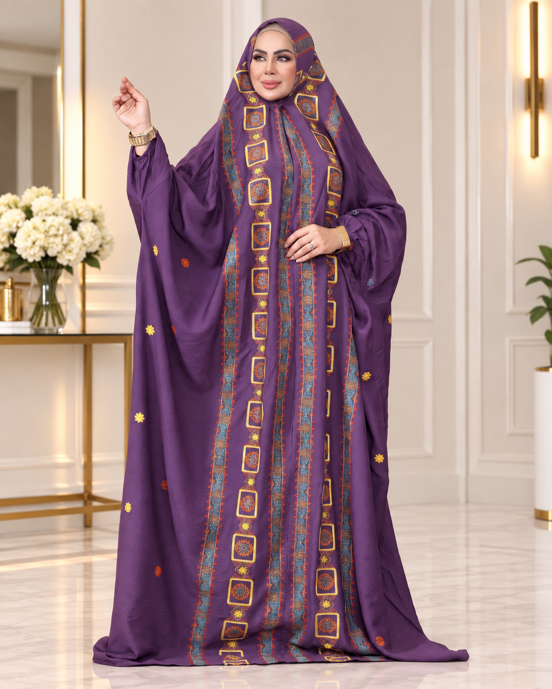 ملحفة كتان مطرّز بالكامل – B019