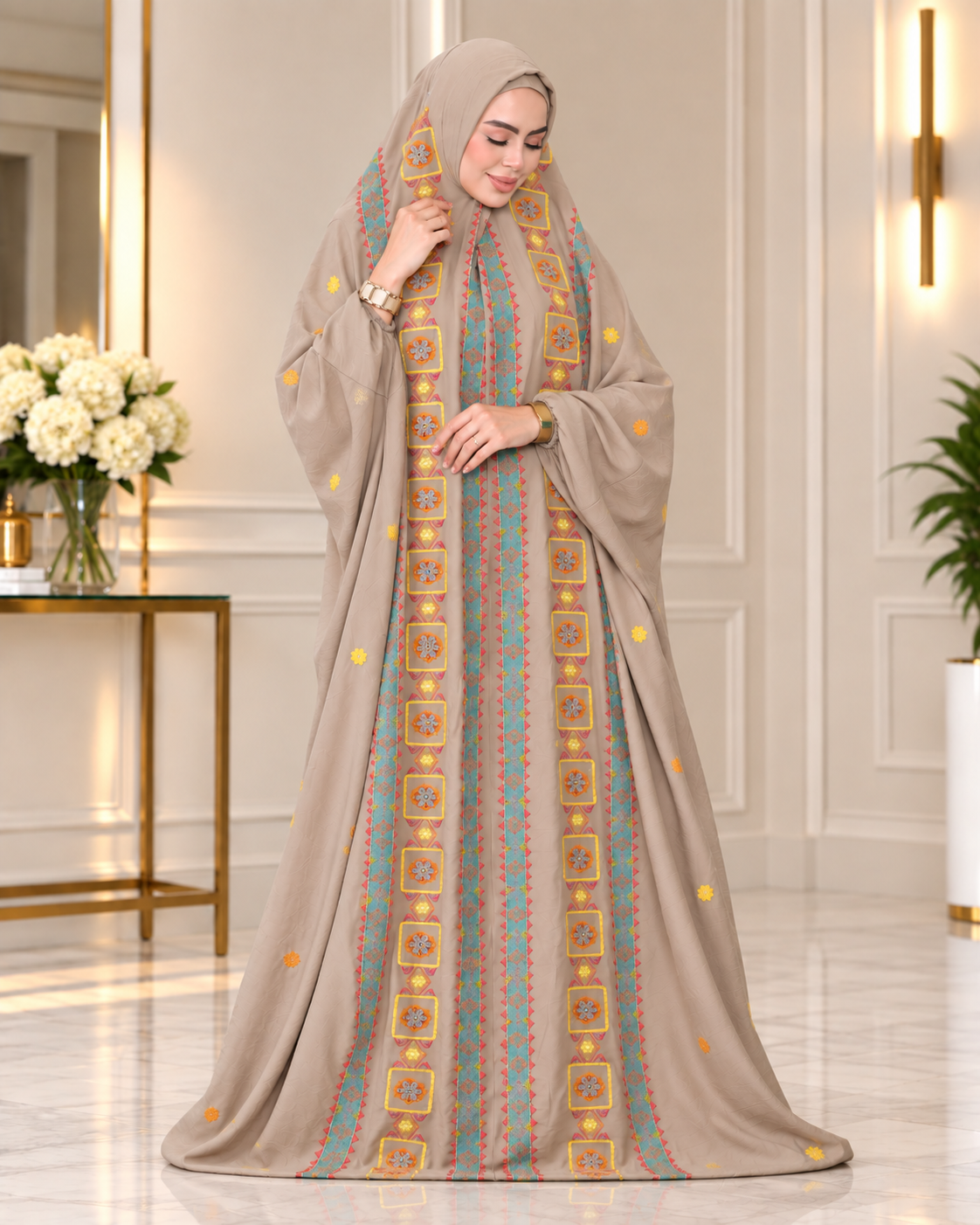 ملحفة كتان مطرّز بالكامل – B019